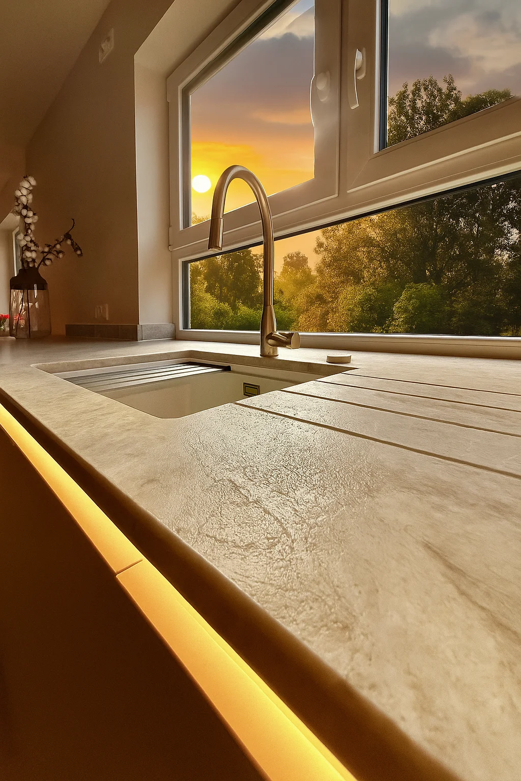 Moderne Küchenarbeitsplatte mit Spülbecken vor großem Fenster, Sonnenuntergang im Hintergrund.