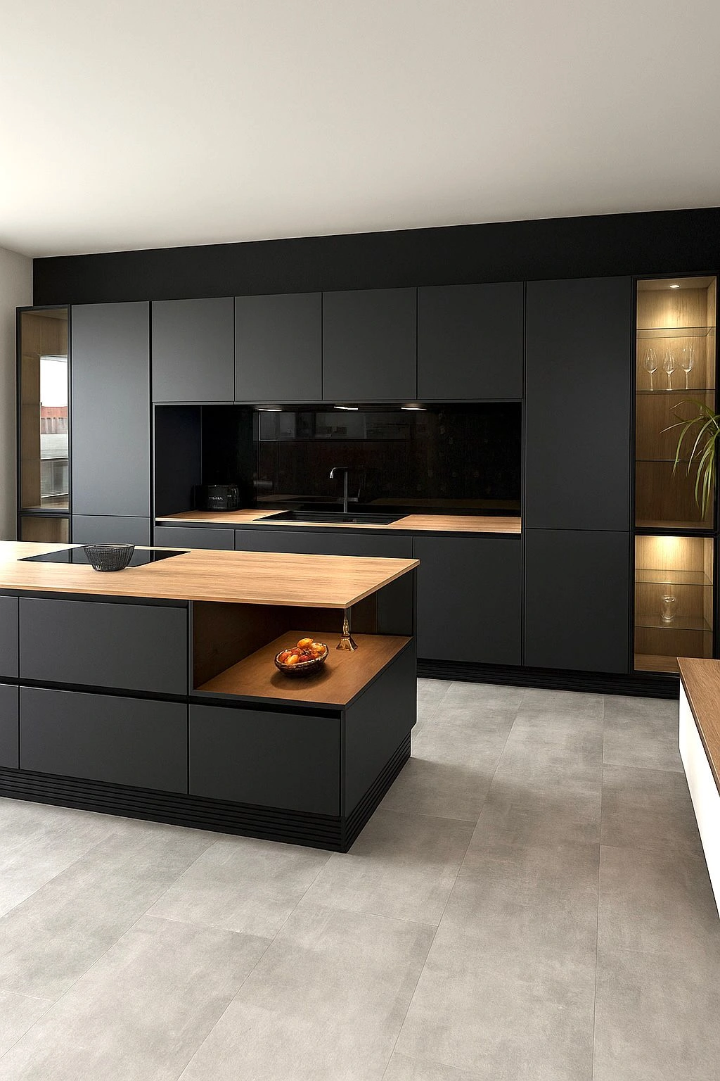 Moderne schwarze Küche mit Kochinsel, Holzarbeitsplatte und eleganter Beleuchtung.